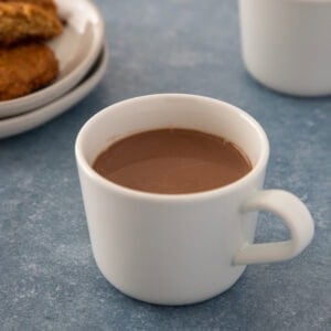 A warm cup of rich hot chocolate served in a white mug.