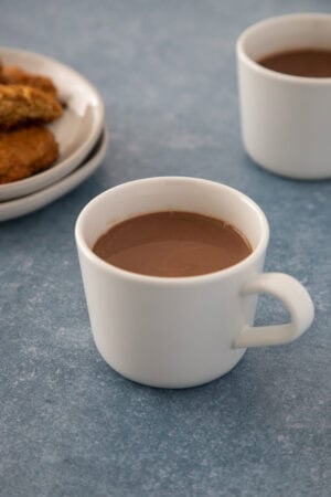 A warm cup of rich hot chocolate served in a white mug