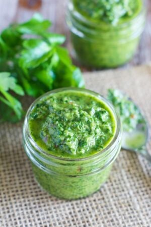 homemade chimichurri sauce in a jar