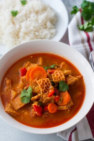 Mondongo served in a white bowl.