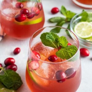 A cranberry mojito served in a glass with a sprig of mint.