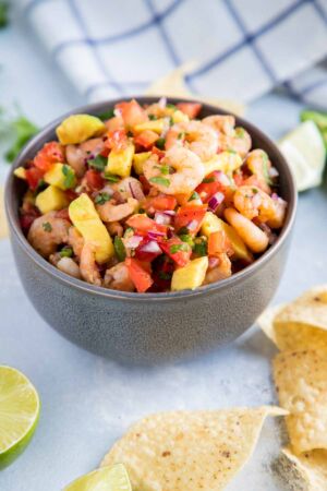 Shrimp salsa served in a grey bowl.
