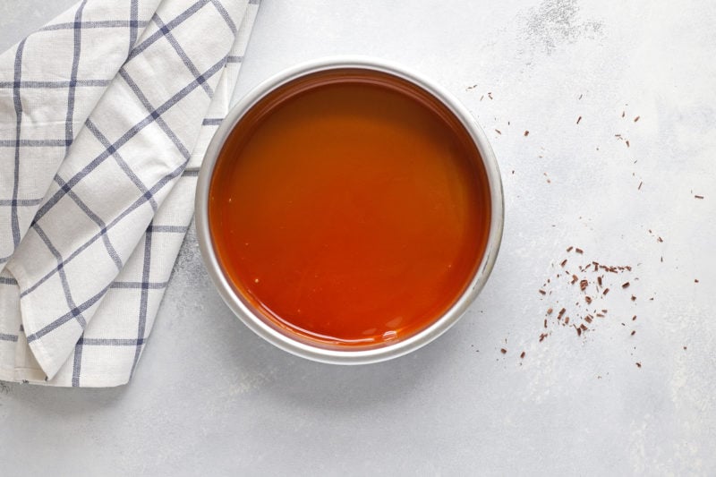 caramel layered at the bottom of the pan