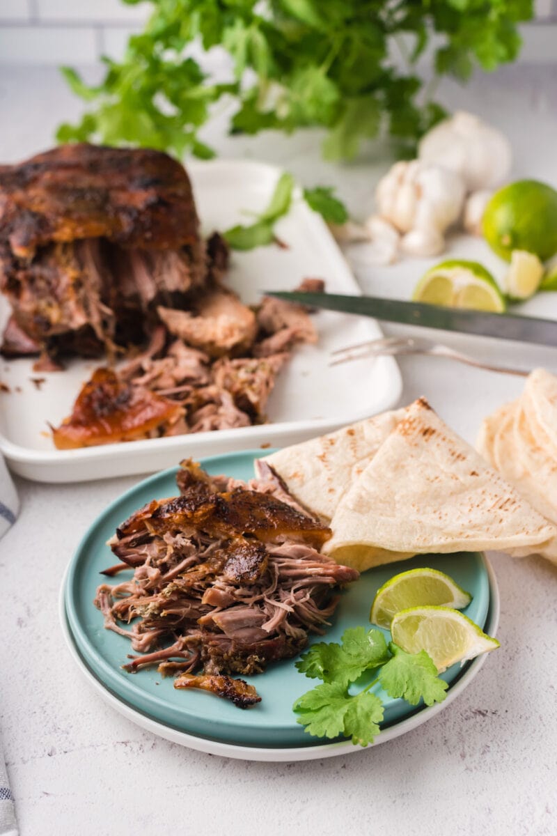 Crispy shredded pork on a plate with a tortilla and fresh herbs