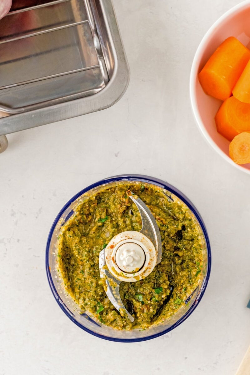 The mojo sauce in a small food processor.