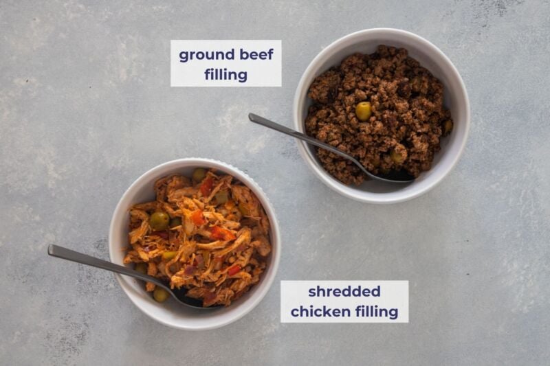 two bowls with the meat filling for the pasteles