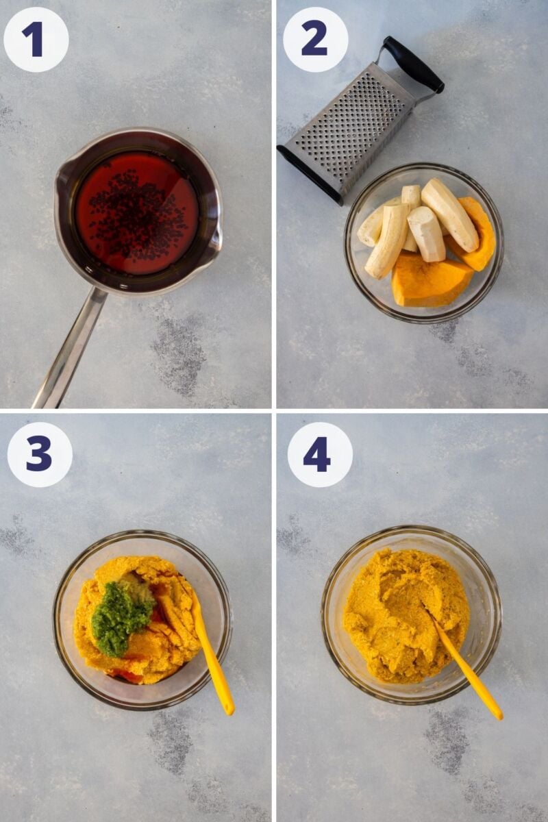 Four images preparing the masa for pasteles en hoja