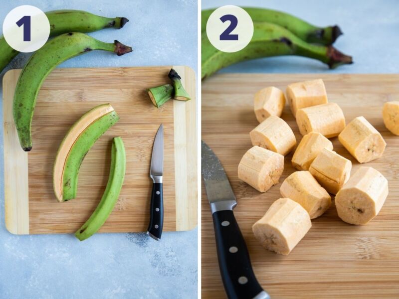 two images showing the process of peeling and cutting the plantain