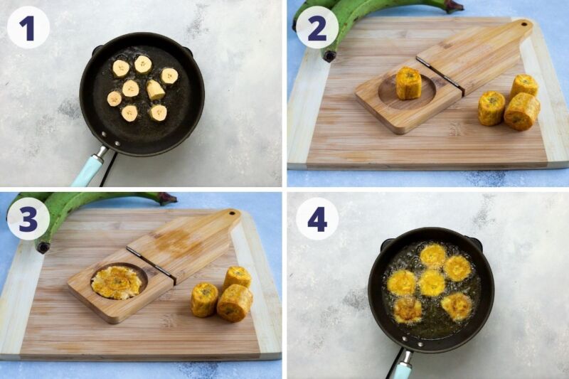 Four images pressing the plantain in the tostonera and frying