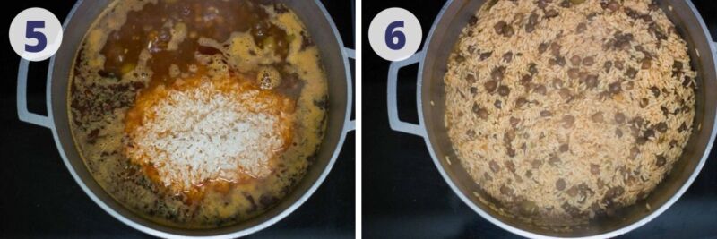 Two images Arroz con Gandules preparation in a caldero