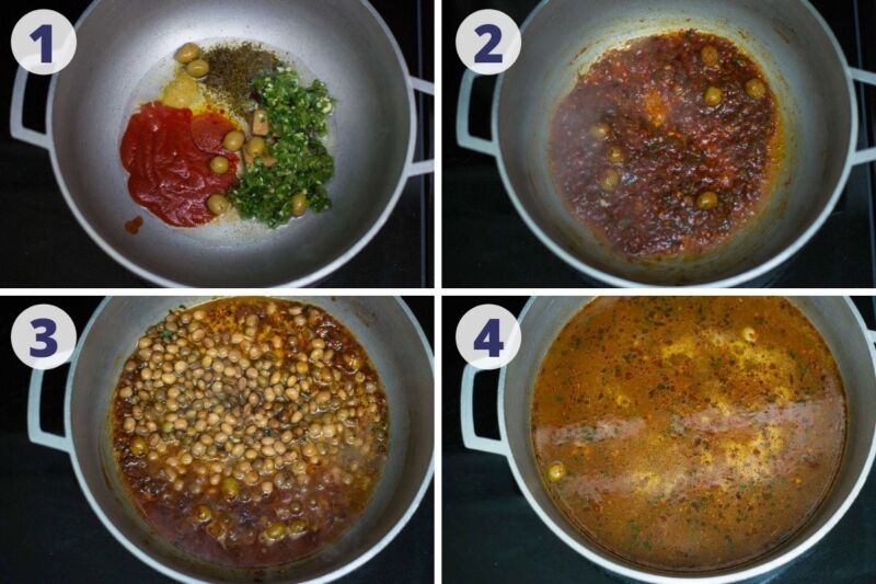 Four images Arroz con Gandules preparation in a caldero