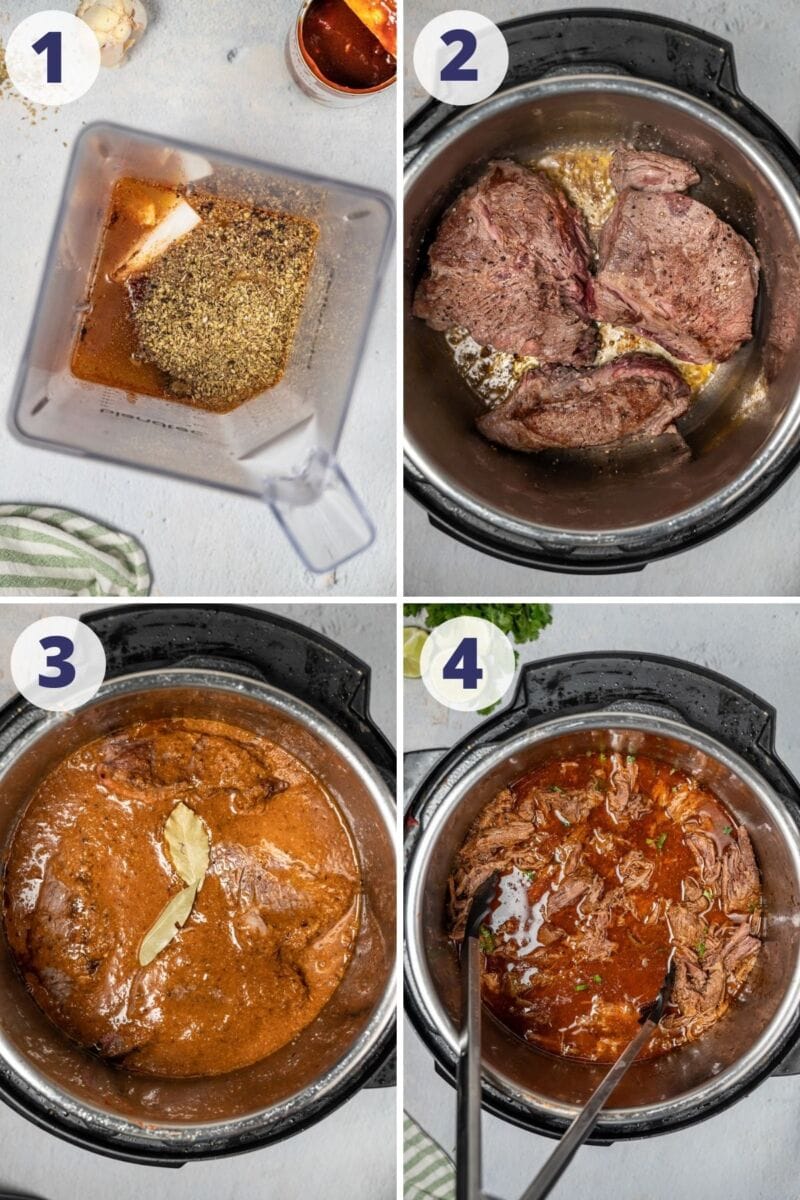 cuatro imágenes del proceso de preparación de la carne de res para los tacos de barbacoa de chipotle